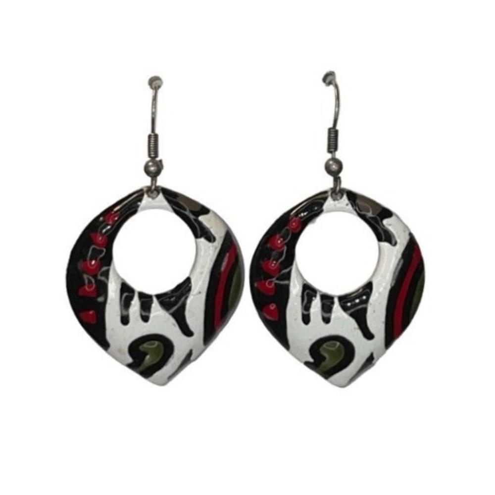 Vintage Y2K Hand Painted Enamel Abstract Print Earrings Red White Green Black Me